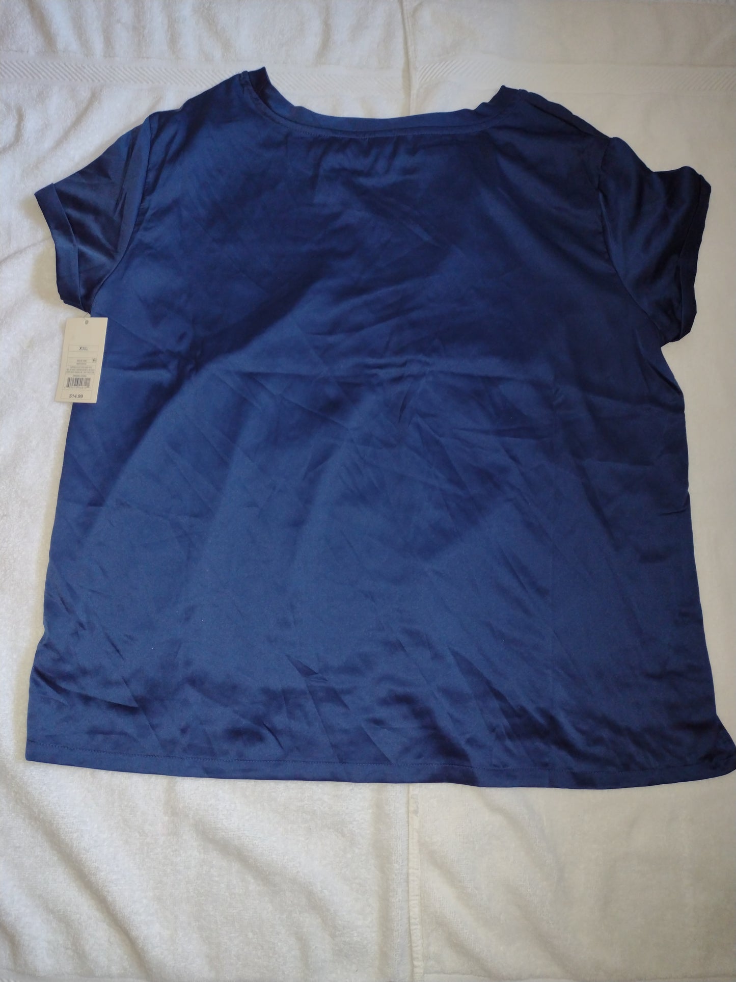 Women's Blue Satin Short Sleeve Shirt with Pocket Size XXL