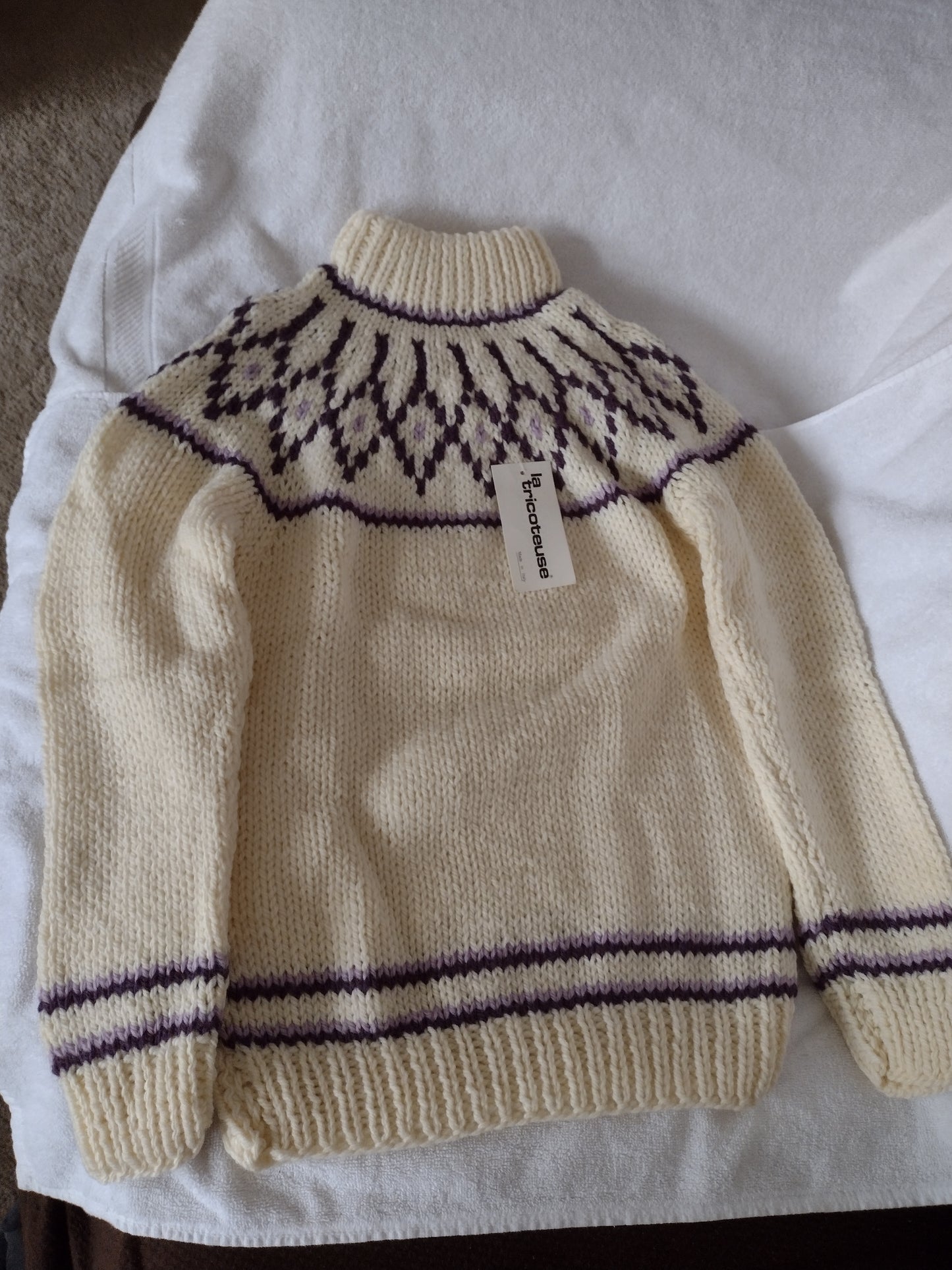 Women's High Neck Sweaters Made in Italy Off White with Green or Off White with Purple & Wine Size M