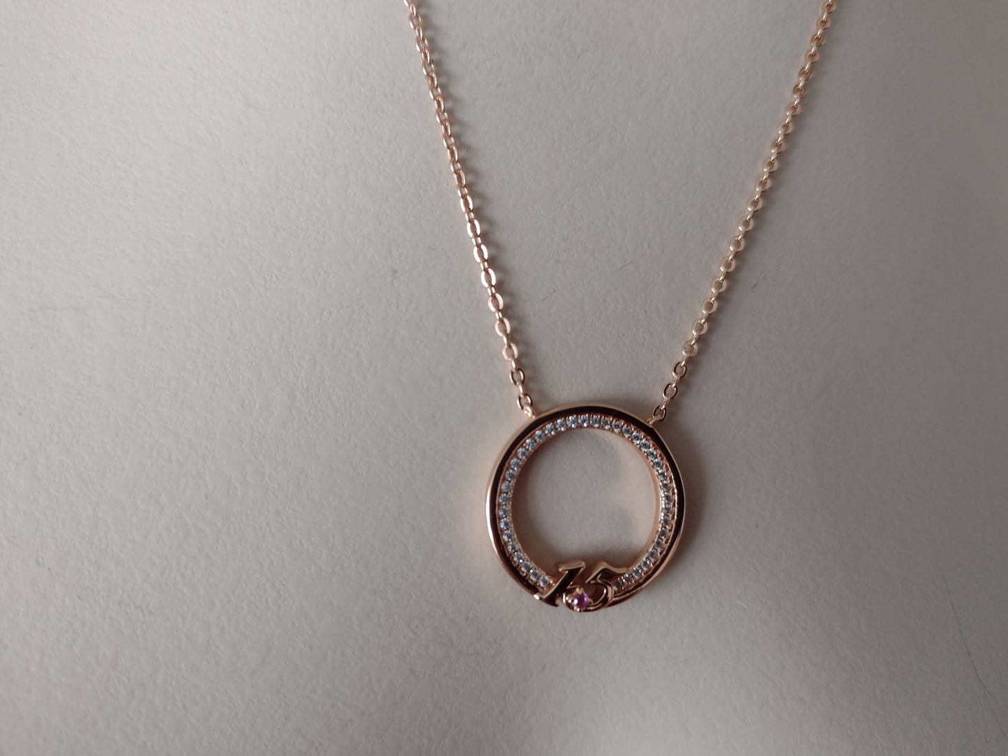 Sterling Silver "15" Necklace with Attached Pendant~Zirconias & Pink Stone