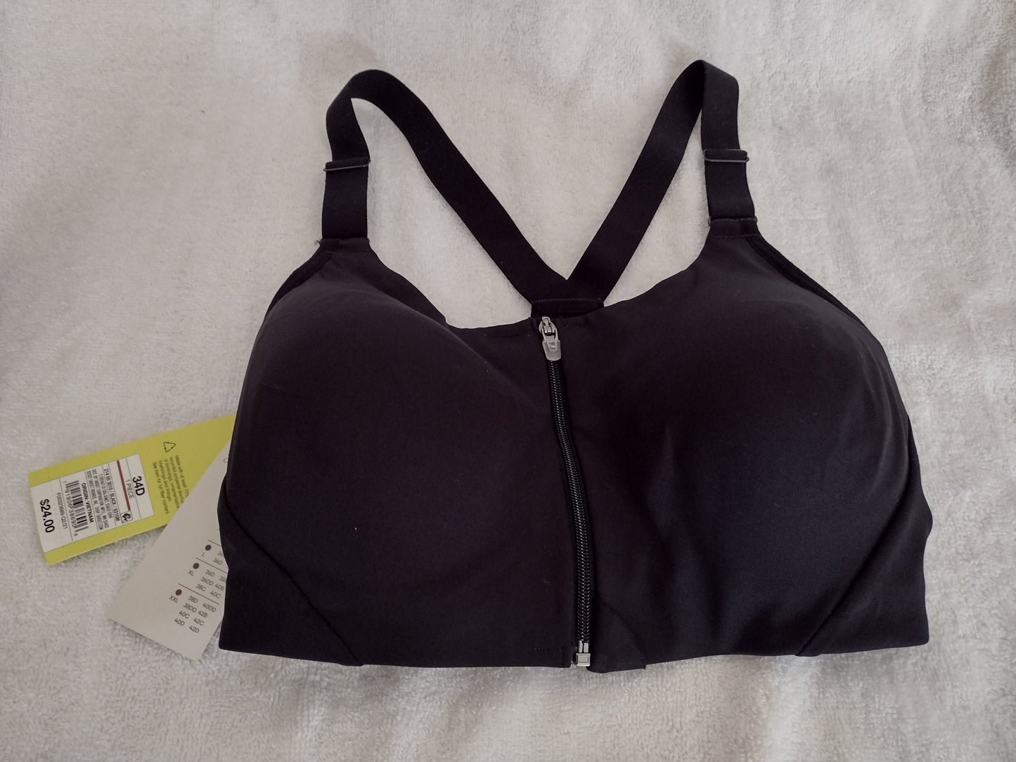 Zip-Front Sports Bra Size 34D Black