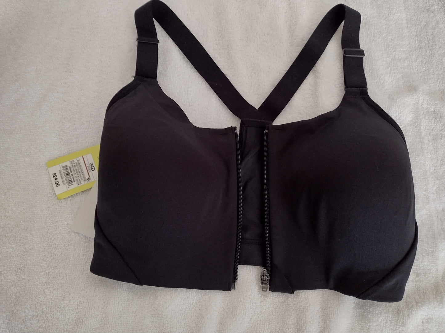 Zip-Front Sports Bra Size 34D Black