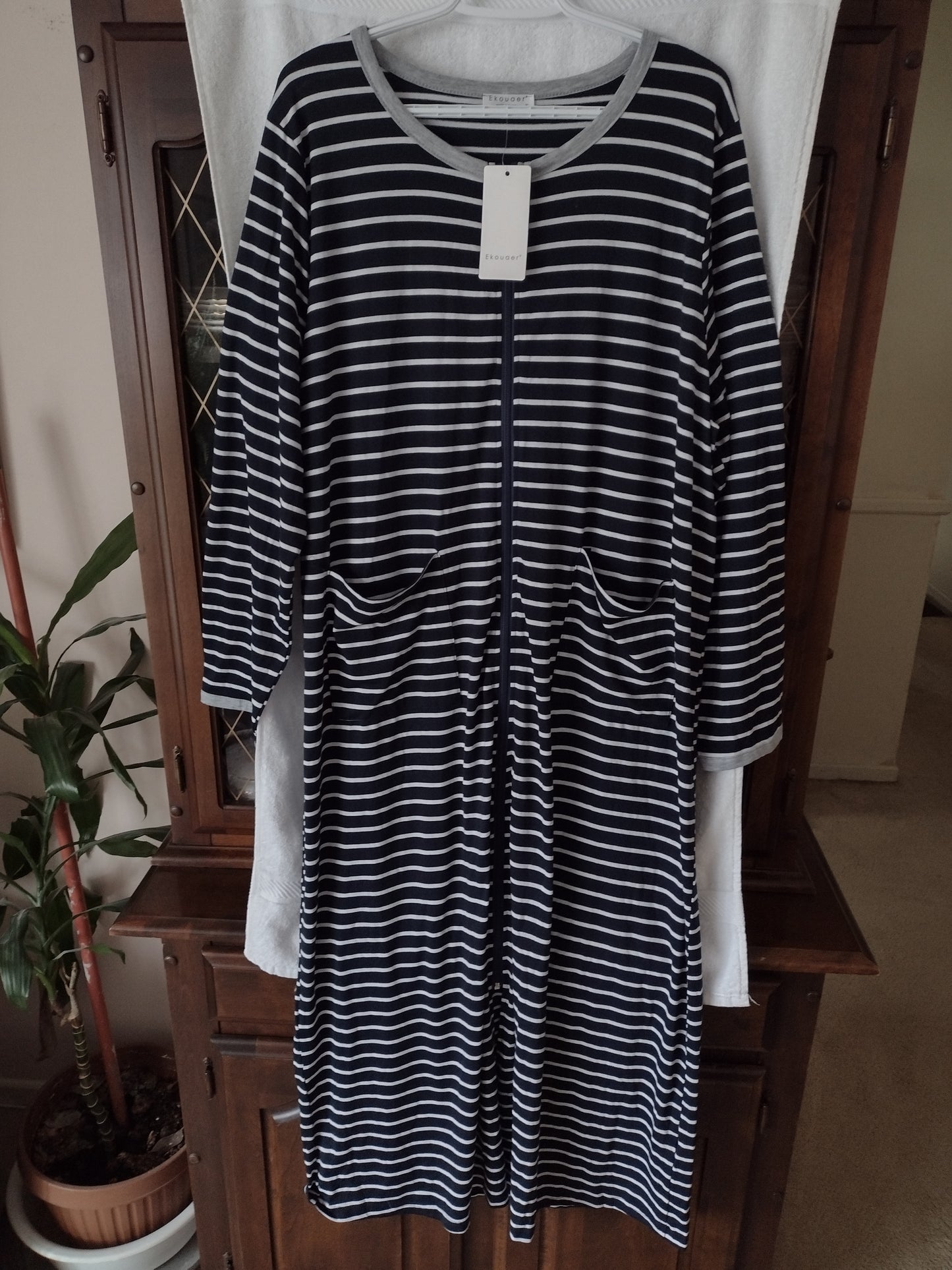 Women's Zip Front House Coat by Ekouaer Size XL~Blue & White Stripe