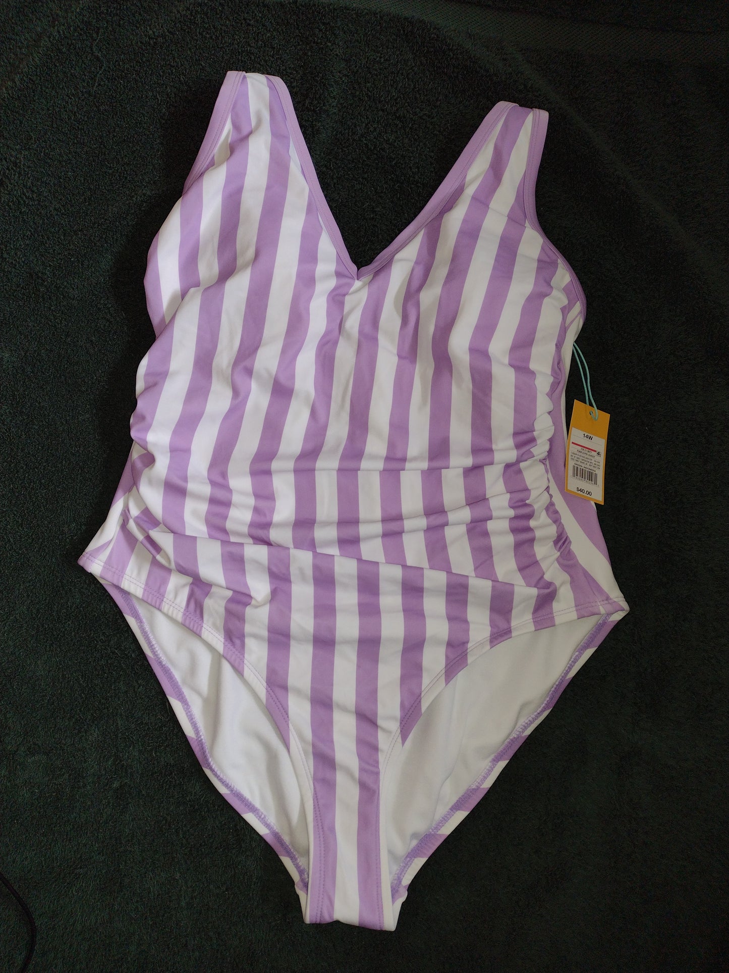 Women's One-Piece Side Ruched Swimsuits~Purple or Turquoise Striped 14W, 16W, 18W, 22W