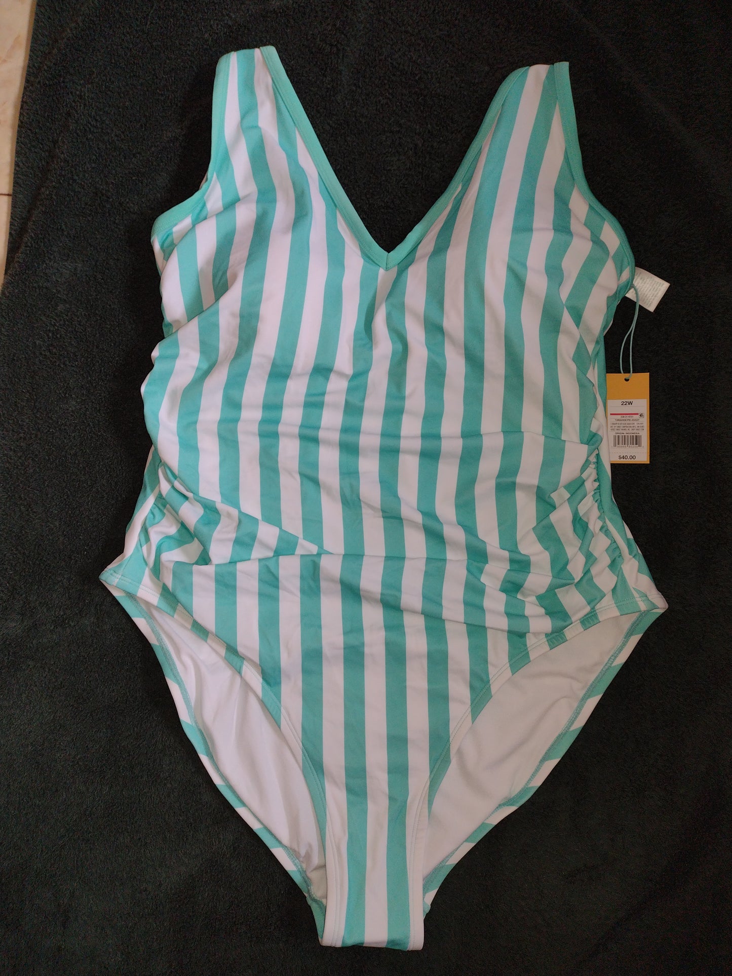 Women's One-Piece Side Ruched Swimsuits~Purple or Turquoise Striped 14W, 16W, 18W, 22W