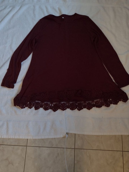 Women's Long Sleeve Cotton Top with Lace Hem Size XL