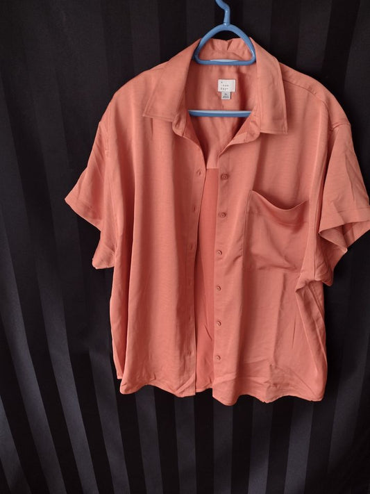 Women's Satiny Loose-Fitting Orange Blouse with Pocket Size XL