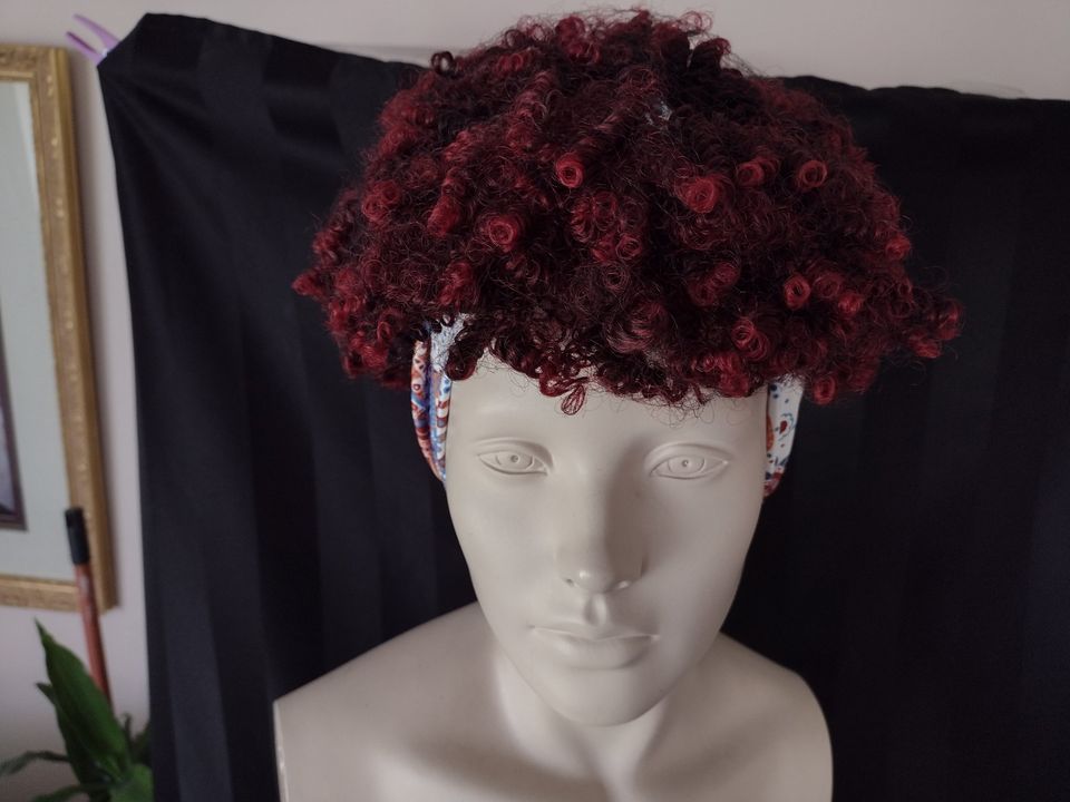 Women's Short Curly Afro Wig with Headband Ombre Burgundy