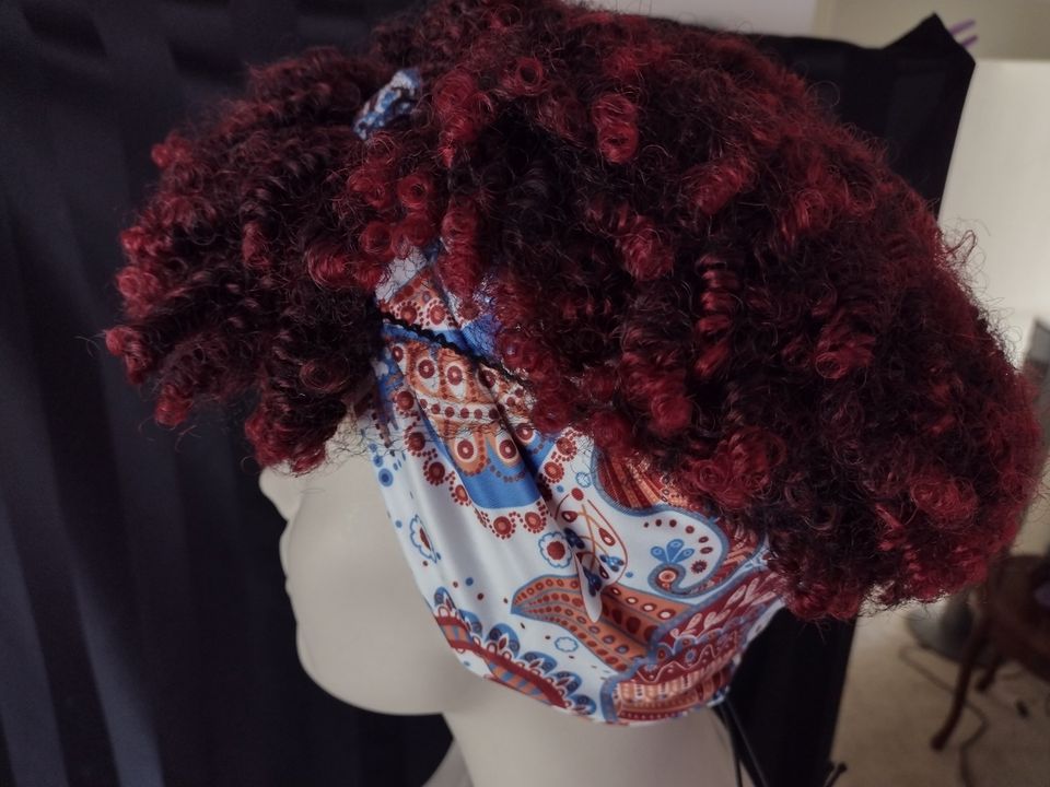 Women's Short Curly Afro Wig with Headband Ombre Burgundy