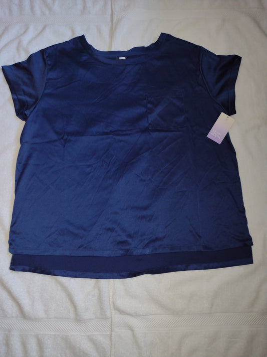 Women's Blue Satin Short Sleeve Shirt with Pocket Size XXL