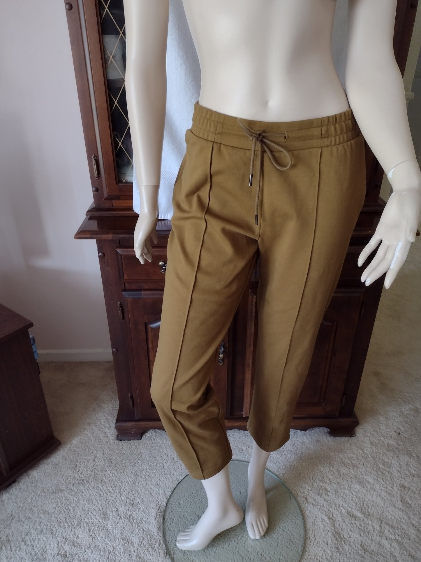 Women's Pull-On Tie Waist Pants Light Gray or Golden Green