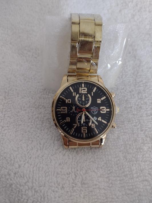 Men's Fashion Gold Tone Watch with Black and Gold Face Size OS