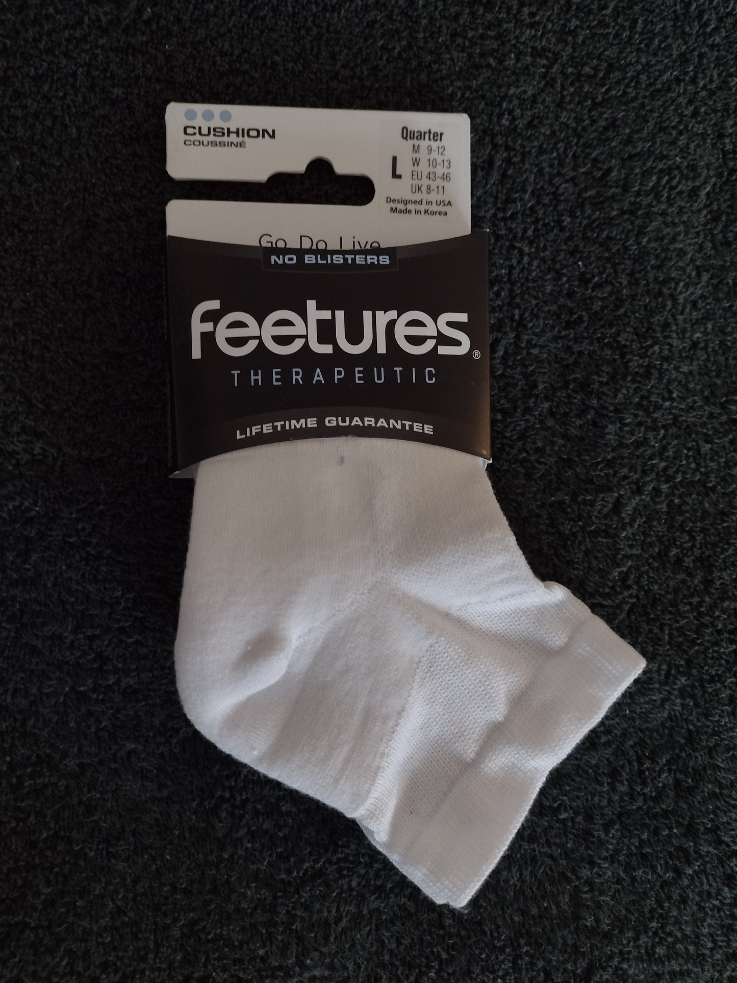 Feetures Unisex Cushion Quarter Socks Size L White