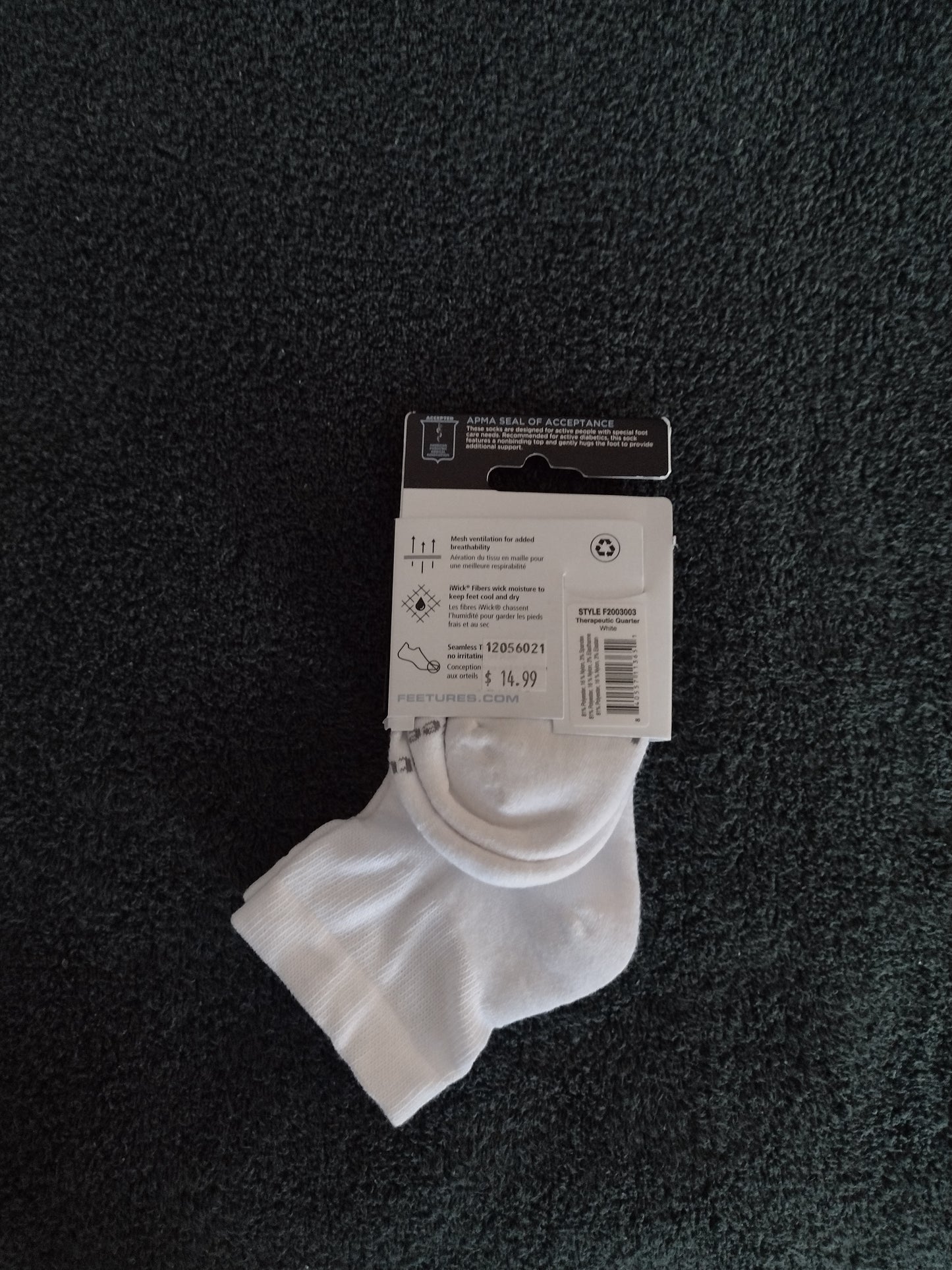 Feetures Unisex Cushion Quarter Socks Size L White