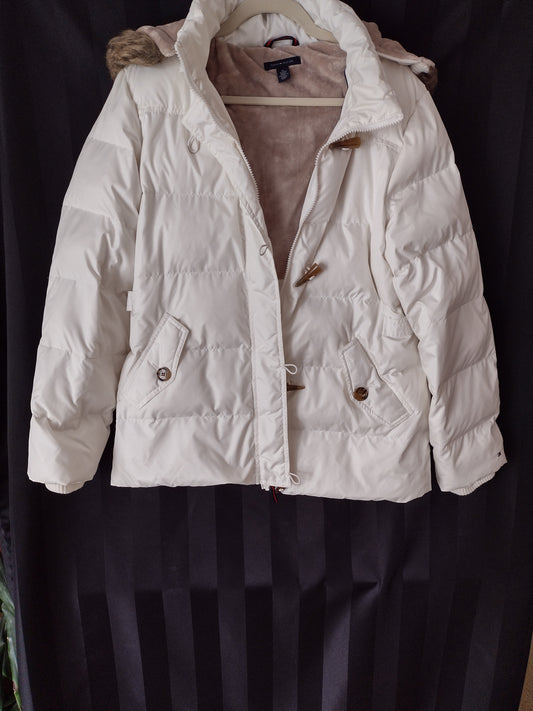 Women's Pre-Owned Puffer Jacket with Hood by Tommy Hilfiger White Size XL