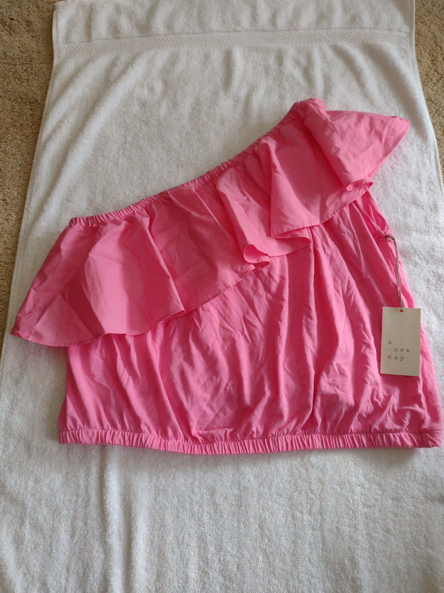 Women's One Shoulder Top with Frill Size L Pink