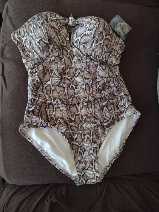 Women's Kona Sol One-Piece Swimsuit Beige & Brown Snakeskin Pattern Size L (12-14)