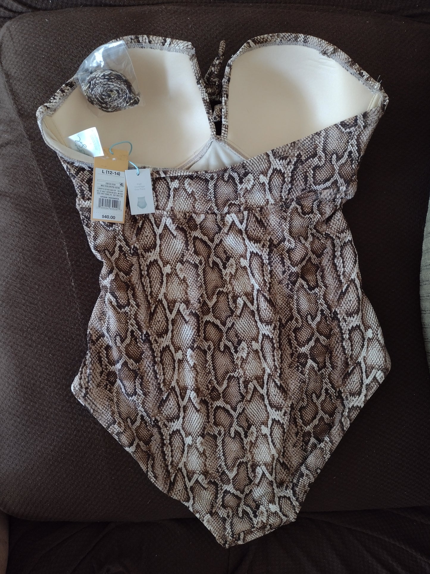 Women's Kona Sol One-Piece Swimsuit Beige & Brown Snakeskin Pattern Size L (12-14)