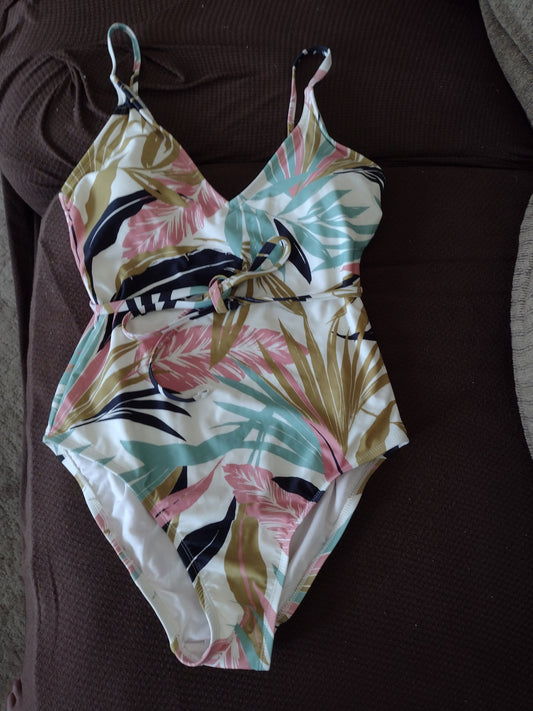Women's One-Piece V Neck Swimsuit with Belt Size M (8-10)