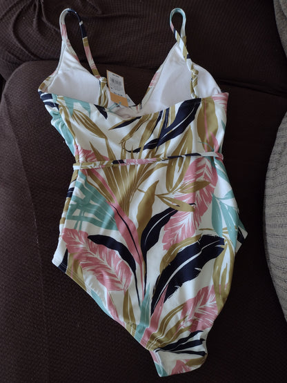 Women's One-Piece V Neck Swimsuit with Belt Size M (8-10)