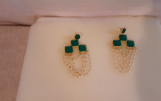 14K Gold Plated Crystal Faux Pearl Emerald Earrings