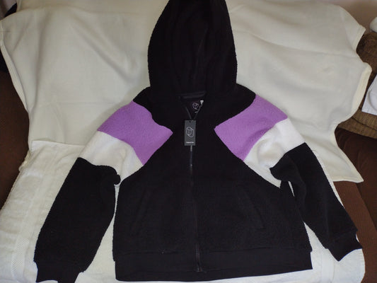 Unisex Full Zip Hooded Fleece Jacket~Black Purple White Size XL