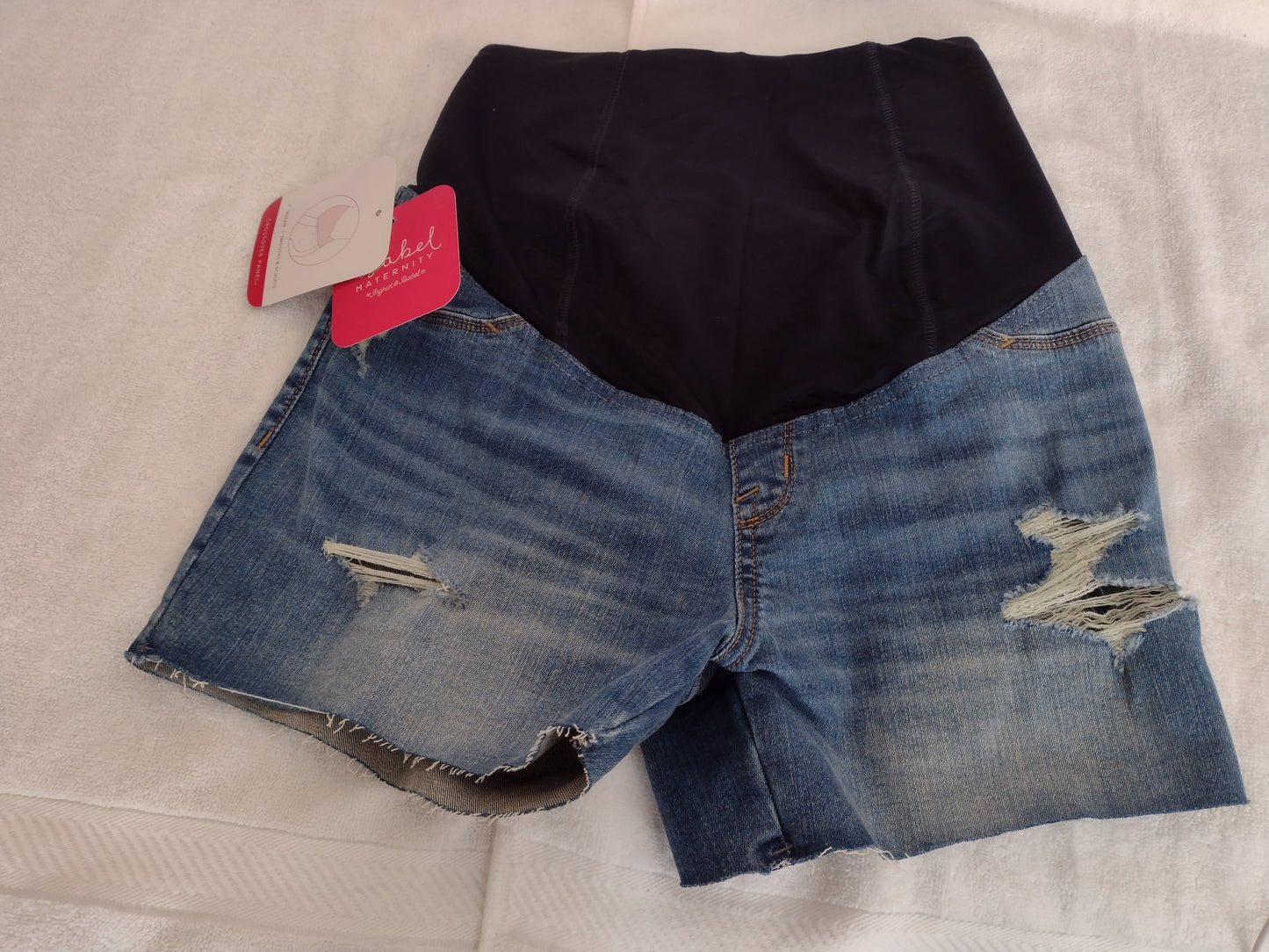 Isabel Maternity Distressed Midi Jean Shorts with Crossover Panel Size 2