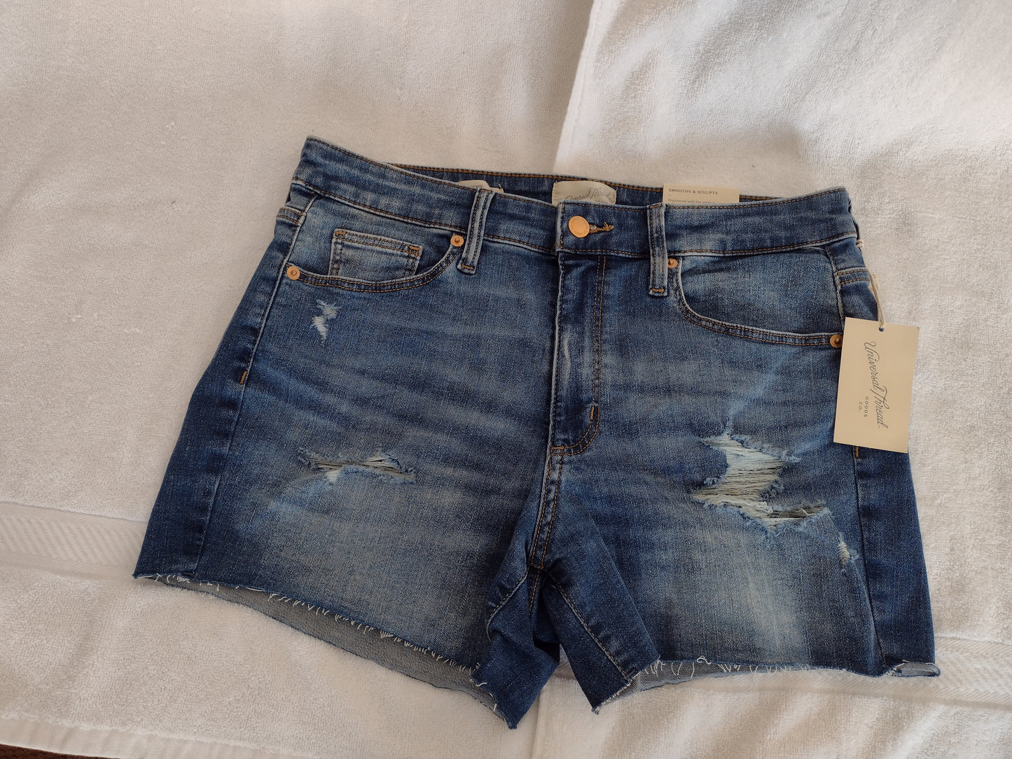 Women's Distressed High-Rise Denim Midi Shorts Size 10 Medium Wash