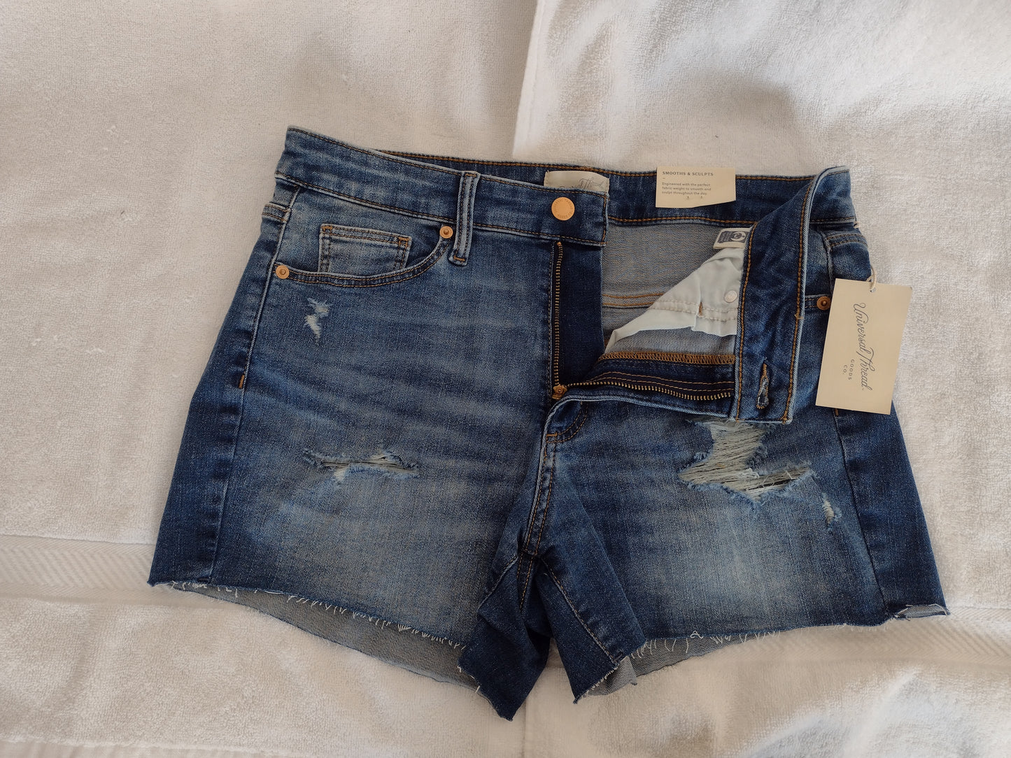 Women's Distressed High-Rise Denim Midi Shorts Size 10 Medium Wash