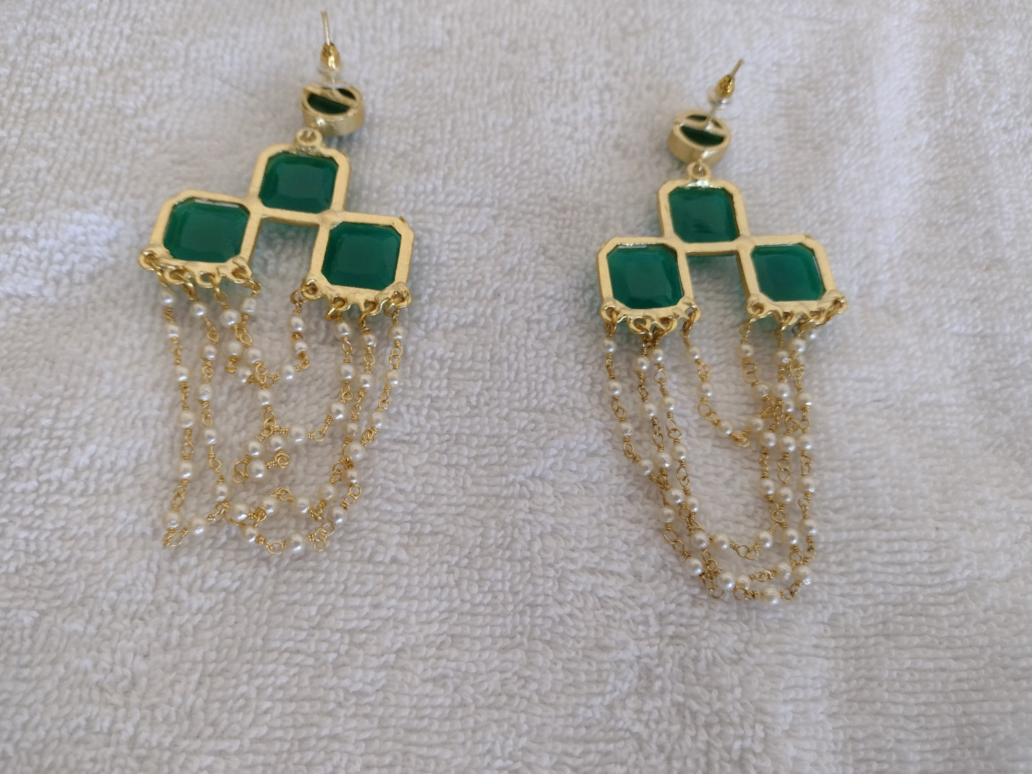 14K Gold Plated Crystal Faux Pearl Emerald Earrings