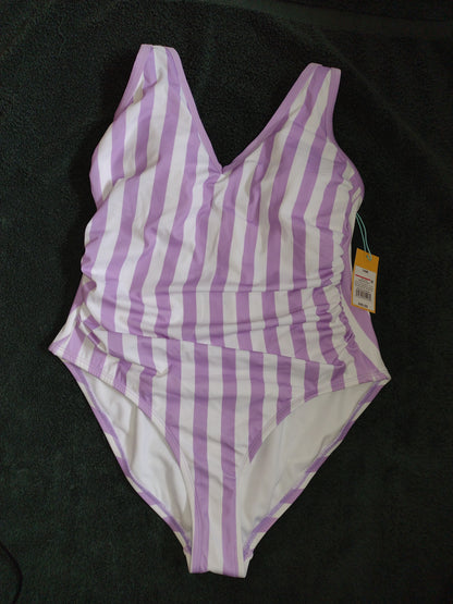 Women's One-Piece Side Ruched Swimsuits~Purple or Turquoise Striped 14W, 16W, 18W, 22W