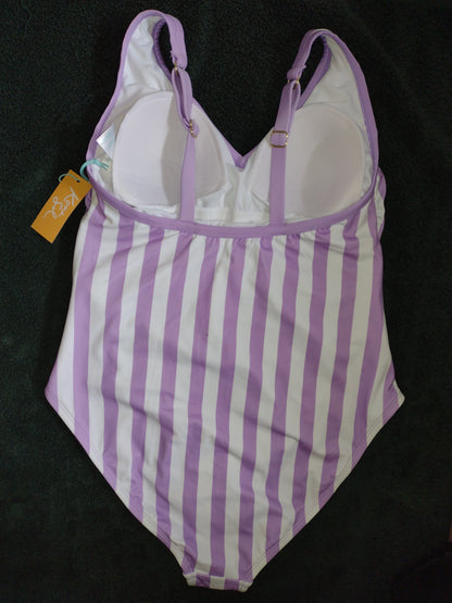 Women's One-Piece Side Ruched Swimsuits~Purple or Turquoise Striped 14W, 16W, 18W, 22W