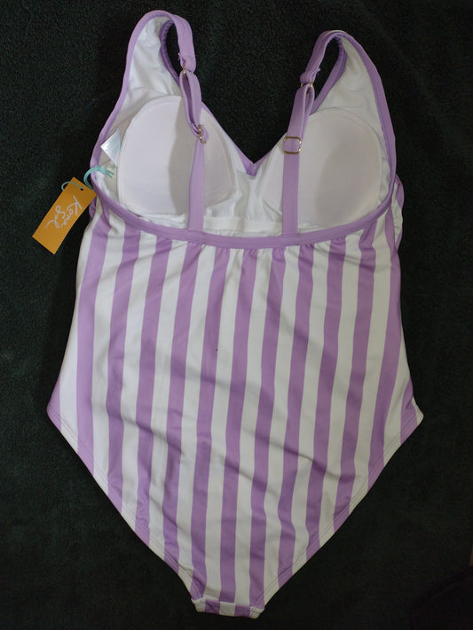 Women's One-Piece Side Ruched Swimsuits~Purple or Turquoise Striped 14W, 16W, 18W, 22W