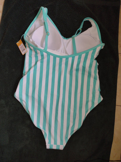 Women's One-Piece Side Ruched Swimsuits~Purple or Turquoise Striped 14W, 16W, 18W, 22W
